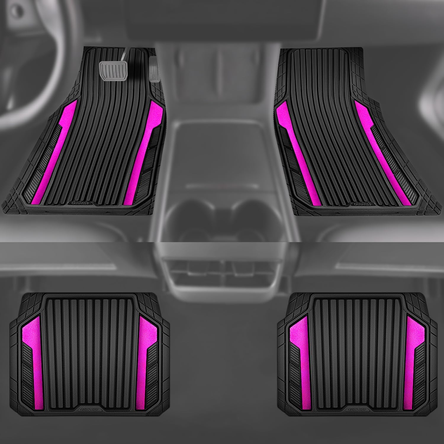 CAR PASS Heavy Duty Rubber Car Mats Metallic, Aluminum Film All Weather Floor Mats Waterproof Universal Trim to Fit for SUV Sedan Van 4 Piece Anodized Deep Dish Two-Tone Sporty Black Hot Pink Chrome