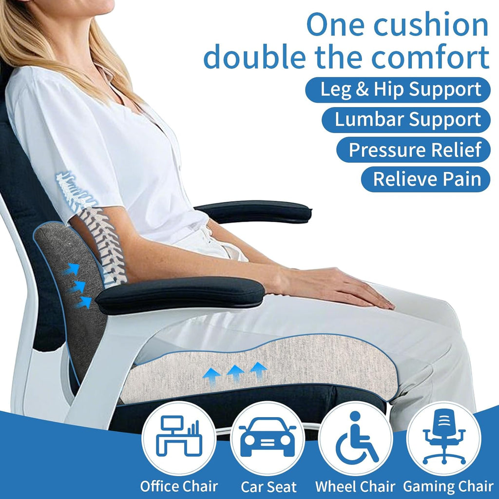 Memory Foam Seat Cushion,Office Chair Cushion with Lumbar Support for Back Pressure Relief, Car Seat Cushion with Adjustable Strap,Sciatica Pad Cushions for Car,Truck, Desk,Gaming Chair