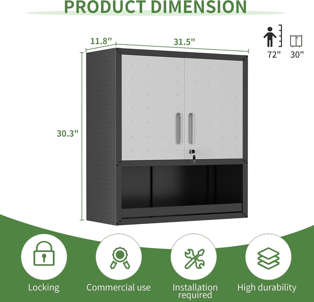 Metal Tool Cabinet,Garage Storage Cabinet System,Wall Cabinet & Locking Rolling Tool Cabinet with Doors and Adjustable Shelves,Steel Tool Cabinets for Home,Office (2 Pcs-StyleA, Black & Grey)