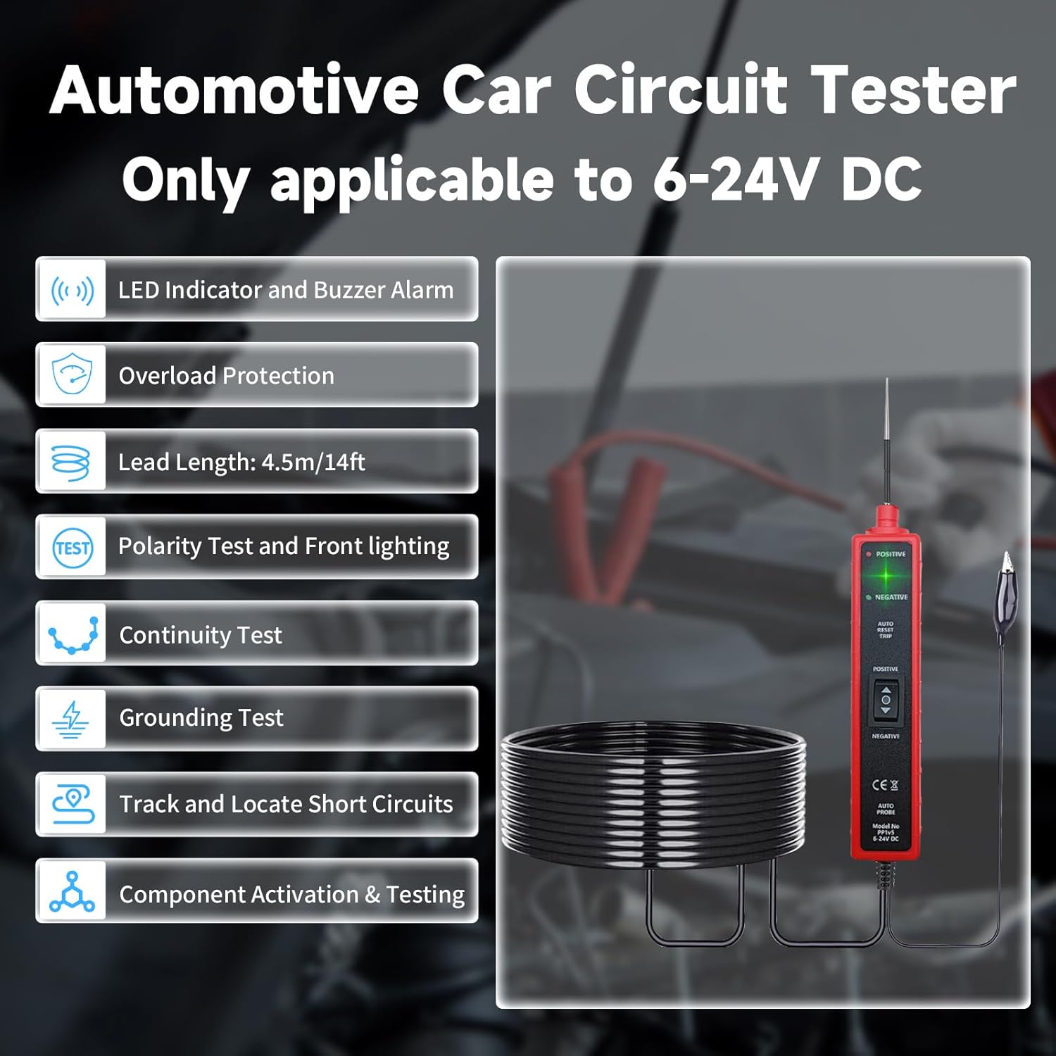 Automotive Car Circuit Tester 12V 24V DC Power Probe Tester with Overload Protection 12V Short Circuit Finder with Test Light for Continuity Testing Grounding Checking