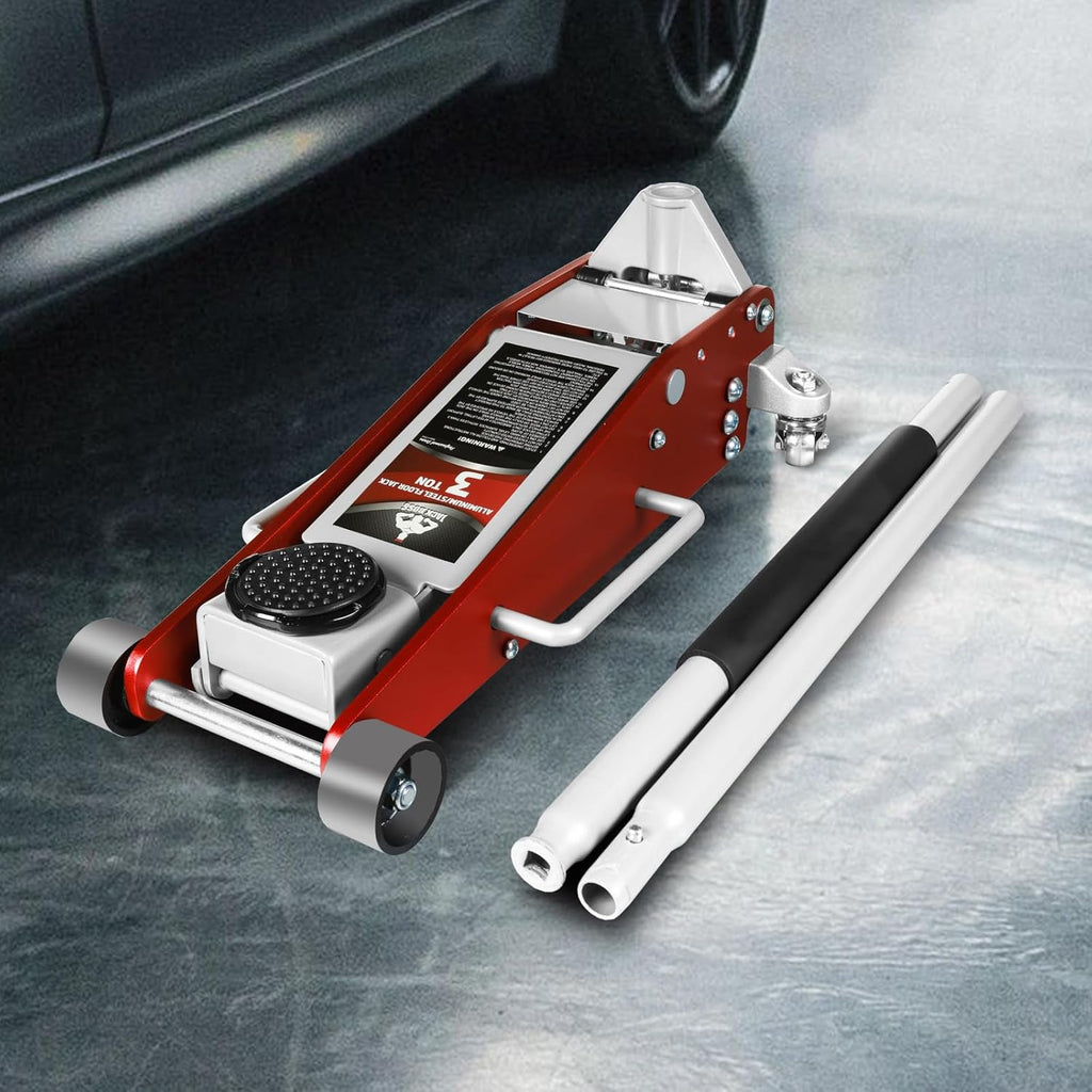 3 Ton Low Profile, Aluminum and Steel Racing Floor Jack with Dual Pistons Quick Lift Pump for Sport Utility Vehicle, Lifting Range 3-15/16" min to 18-5/16" max, Net Weight 58.5 lb, Red