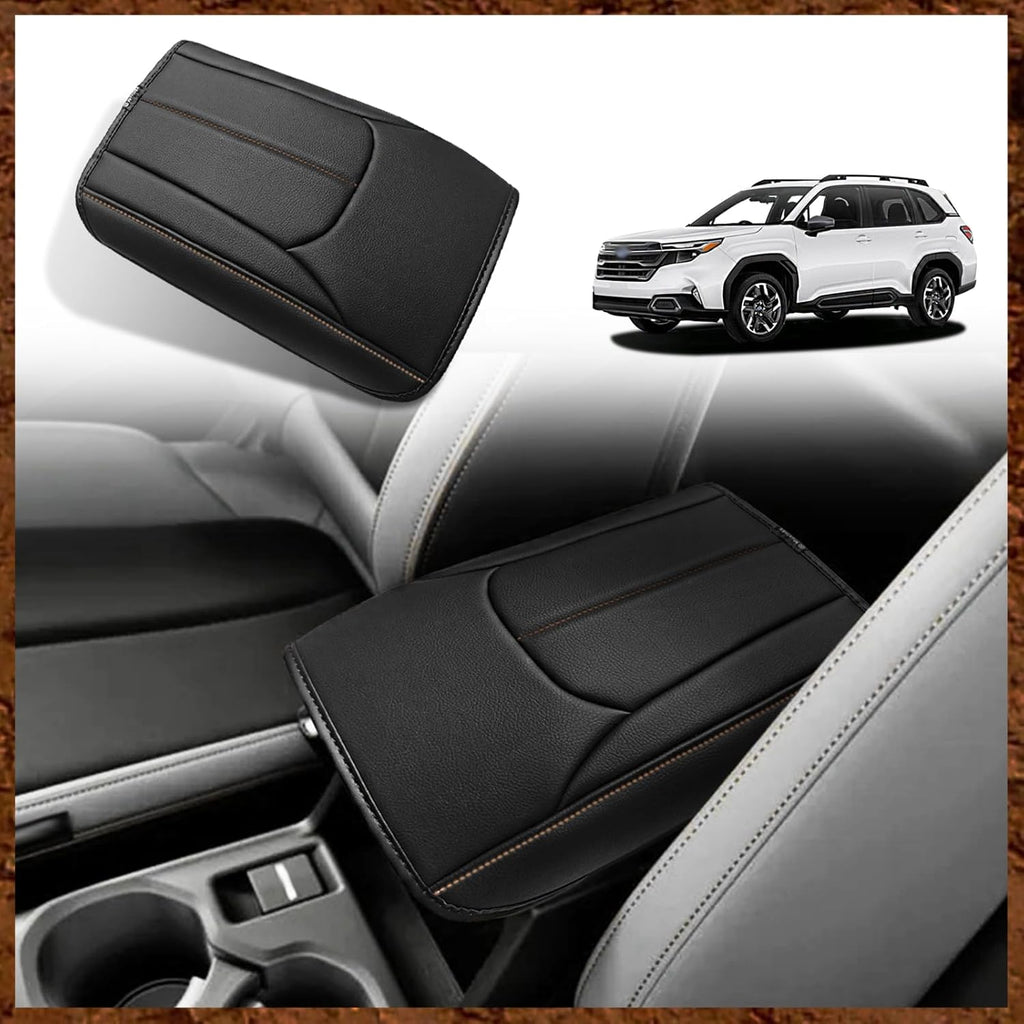 Muslogy Center Console Cover Compatible with Subaru Forester 2025 Accessories Armrest Cover Lid Cushion Protector Anti-Scratch Vegan Leather Extra Soft (Black/Brown Stitching)