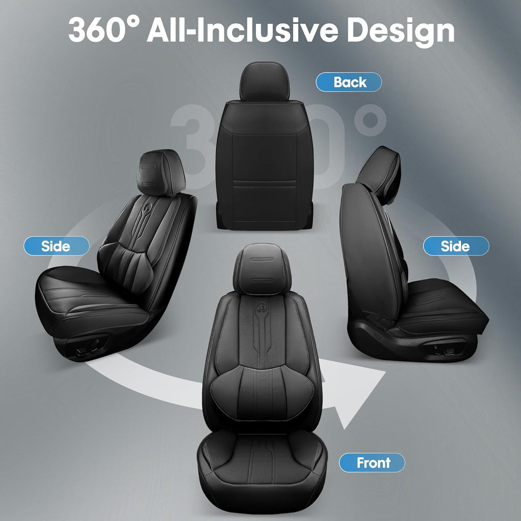AOOG Front Seat Covers, Car Seat Covers Front Seats, Leather Seat Covers for Cars, Waterproof Seat Covers with Lumbar Support Universal Fit for Most Cars SUV Trucks(Front Pair, Black)