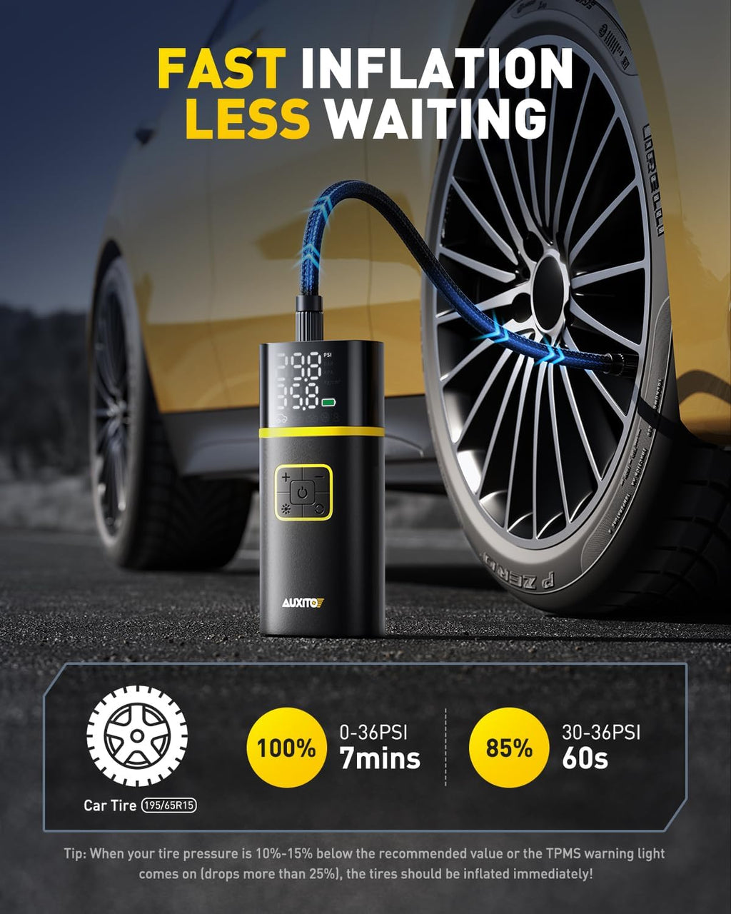 AUXITO Tire Inflator Portable Air Compressor - 150PSI 1Min Fast Inflate Air Pump for Car Tires with Tire Pressure Gauge, LED Flashlight, Portable Tire Inflatores for Car, Sedan, Motorcycle, Bike, Ball