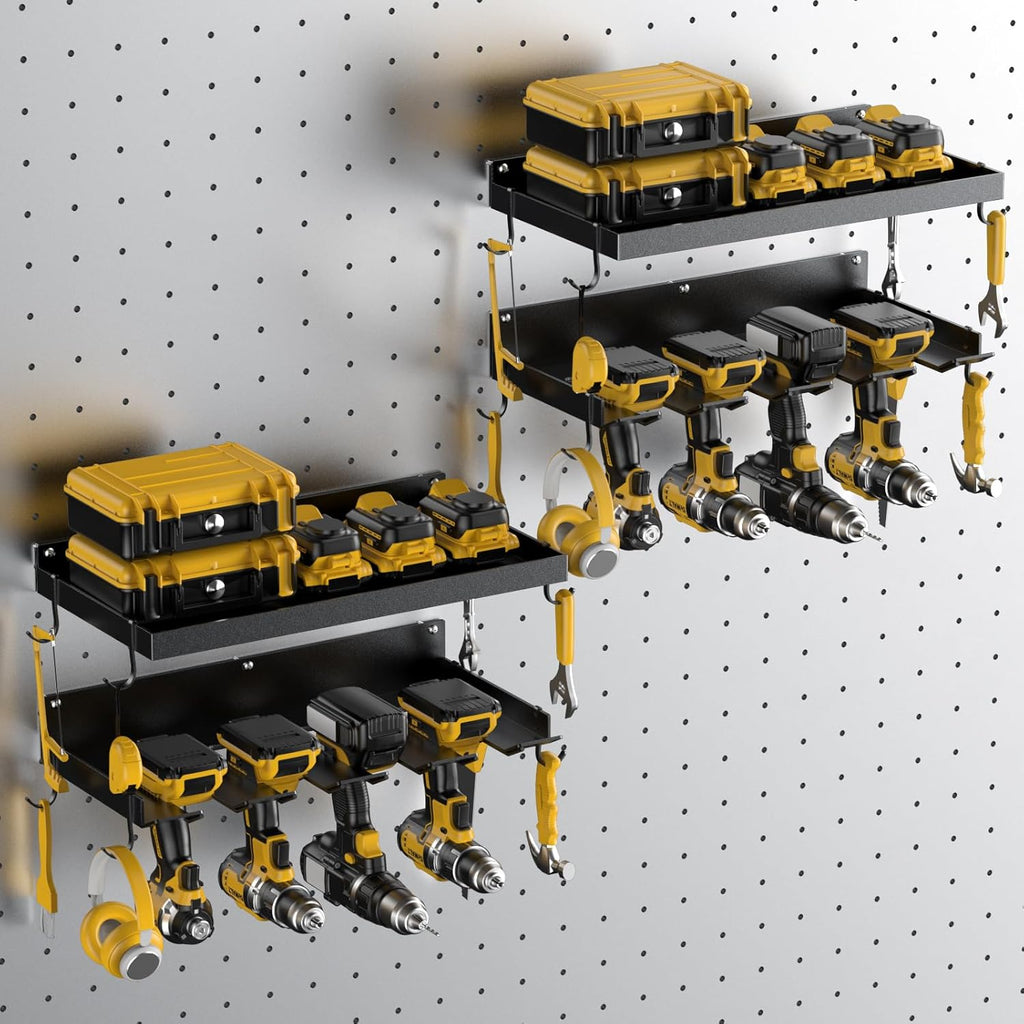 Power Tool Organizer Wall Mount with 8 Drill Holder, Formed Integrally Heavy Duty Garage Tool Organizers and Storage with Hooks for Battery, Tool Box, Screwdriver, Plier and Hammers No Crack