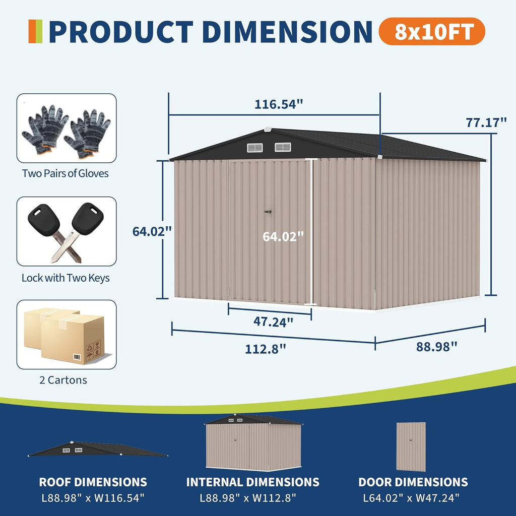 8x10x6.4 FT Outdoor Storage Sheds with Floor, Metal Garden Tool Shed for Backyard, Large Metal Sheds Outdoor Storage With Lockable Doors & Air Vents for Backyard Garden Patio Lawn