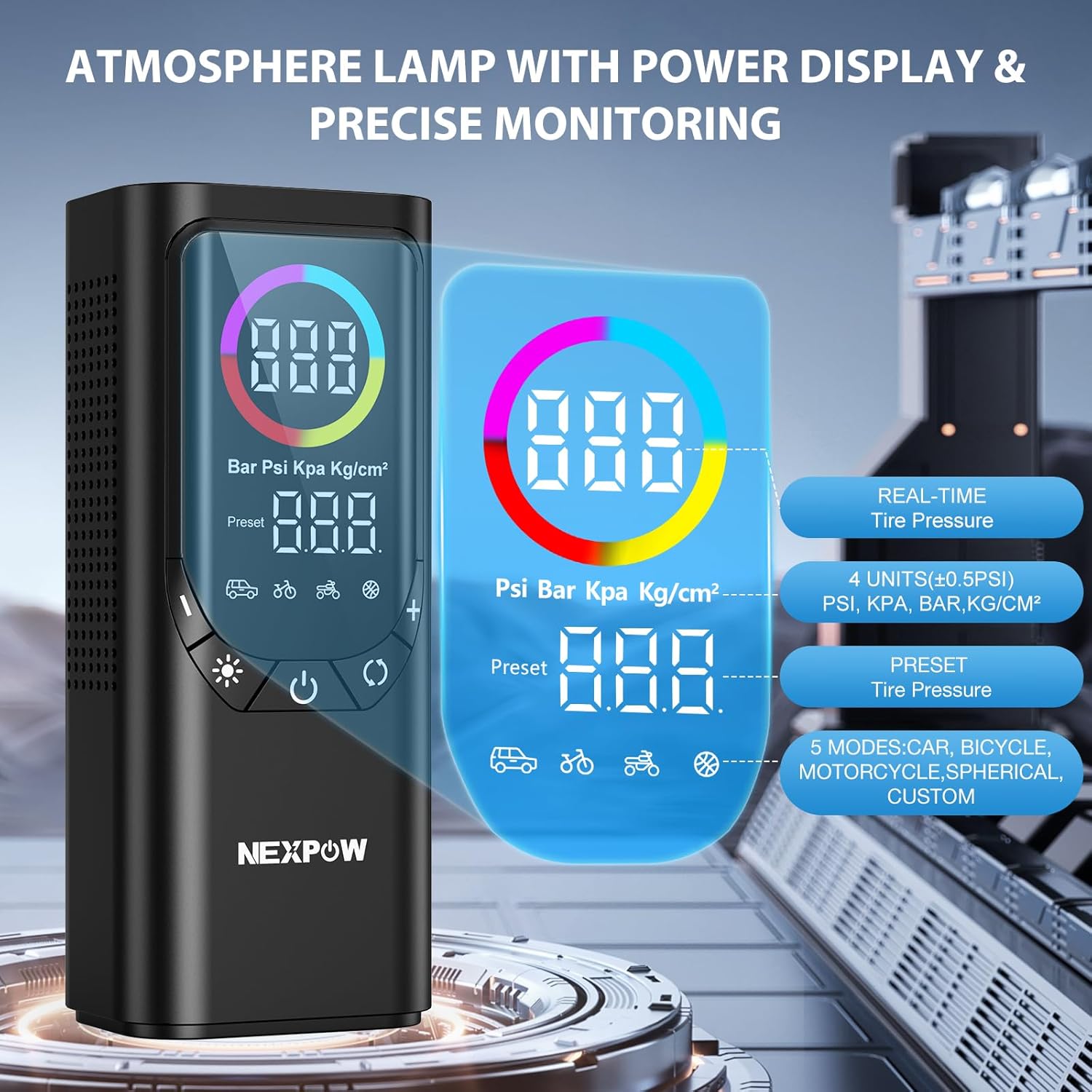 Tire Inflator Portable Air Compressor, NEXPOW 150PSI & 9000mAh Cordless Air Pump with Digital Tire Pressure Gauge, Accurate Dual LCD Display & LED Light, Tire Inflator for Car,Motorcycle,Bike,Balls
