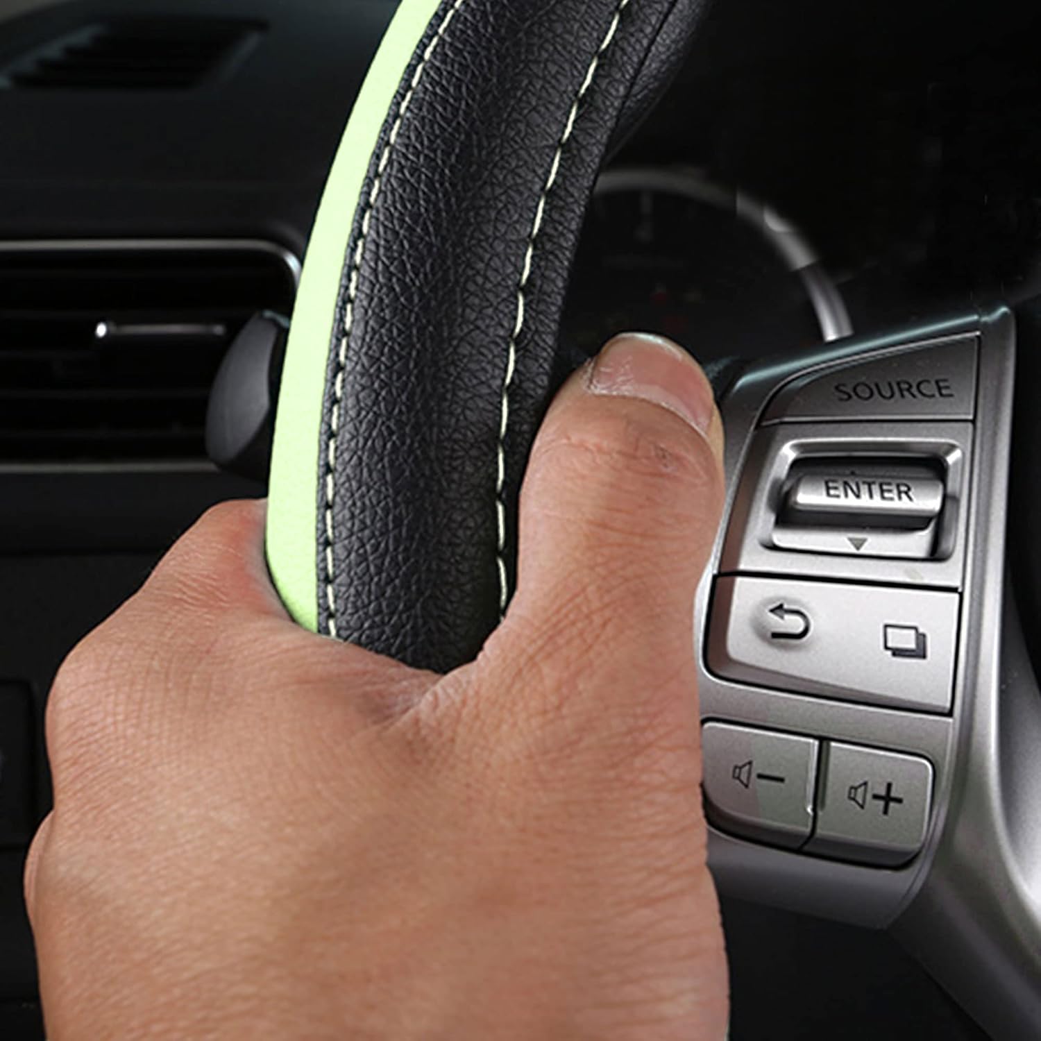 Leather Car Steering Wheel Cover, Non-Slip Car Wheel Cover Protector Breathable Microfiber Leather Universal Fit for Most Cars (Green)