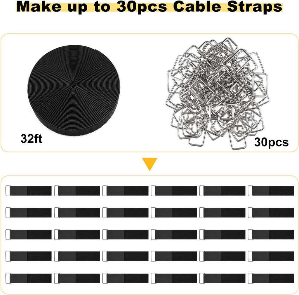 1.5"x32ft Hook and Loop Straps with 30 Metal Buckles, Adjustable Fastening Cable Straps, Cut-to-Length Cinch Strap, Reusable Nylon Securing Cord Ties for Organizer or Storage, Black