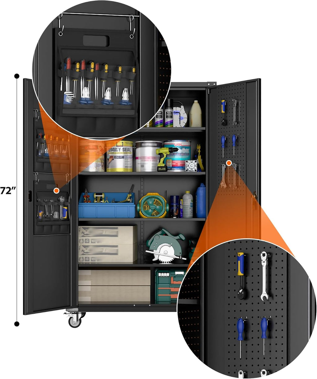 72" H Wide and Deep Garage Storage Cabinet with Wheels & Pegboard, Large Locking Metal Storage Cabinet with 2 Doors and 4 Adjustable Shelves for Garage, Home, Assembly Required, Black