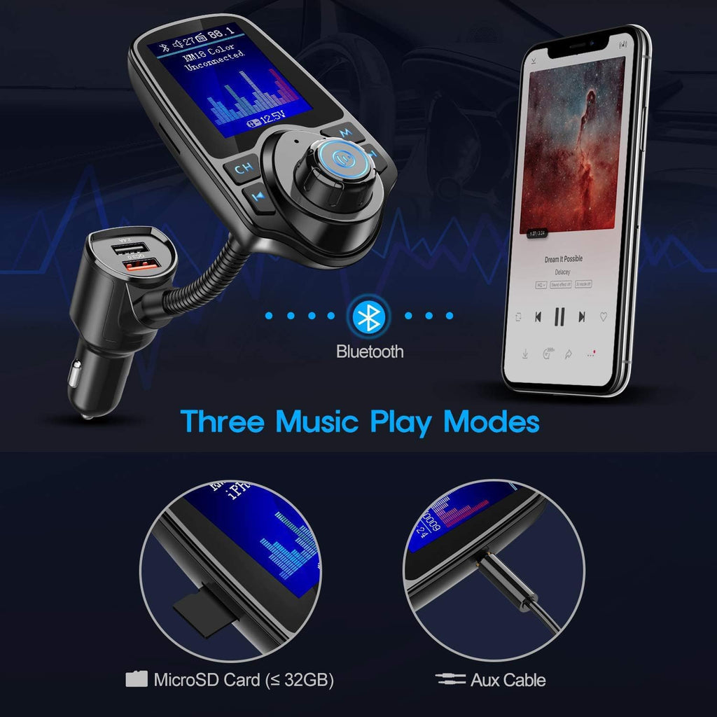 Nulaxy Bluetooth FM Transmitter for Car, 1.8" Color Screen Radio Adapter W QC3.0 & 5V/2.4A Charging, Handsfree Call, Support microSD Card, Aux Play, EQ Modes - KM18 [Upgraded Version] Black