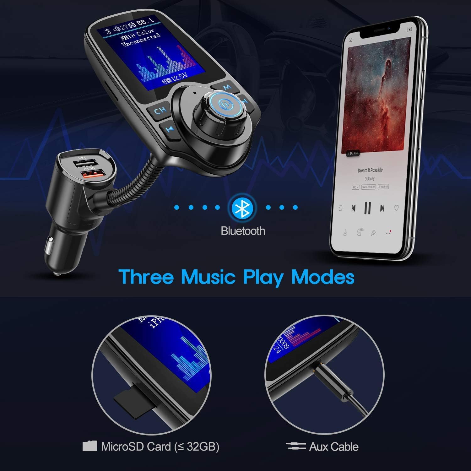 Nulaxy Bluetooth FM Transmitter for Car, 1.8" Color Screen Radio Adapter W QC3.0 & 5V/2.4A Charging, Handsfree Call, Support microSD Card, Aux Play, EQ Modes - KM18 [Upgraded Version] Black