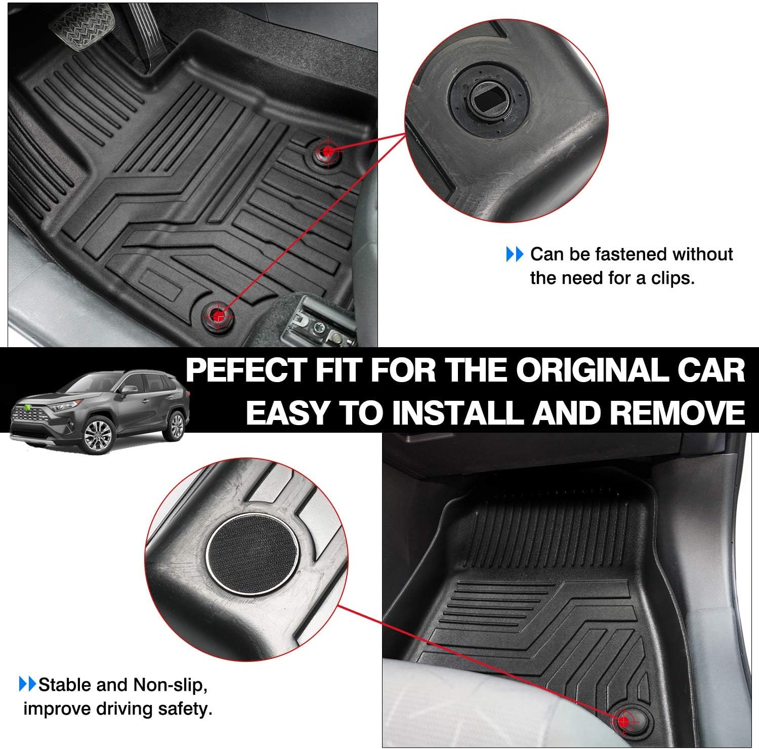 Powerty Floor Mats for 2019-2024 2025 Toyota RAV4 Accessories All Weather Floor Liner 3D TPO 1st & 2nd Row Floor Mat Heavy-Duty Floor Liners(FIT All Models)