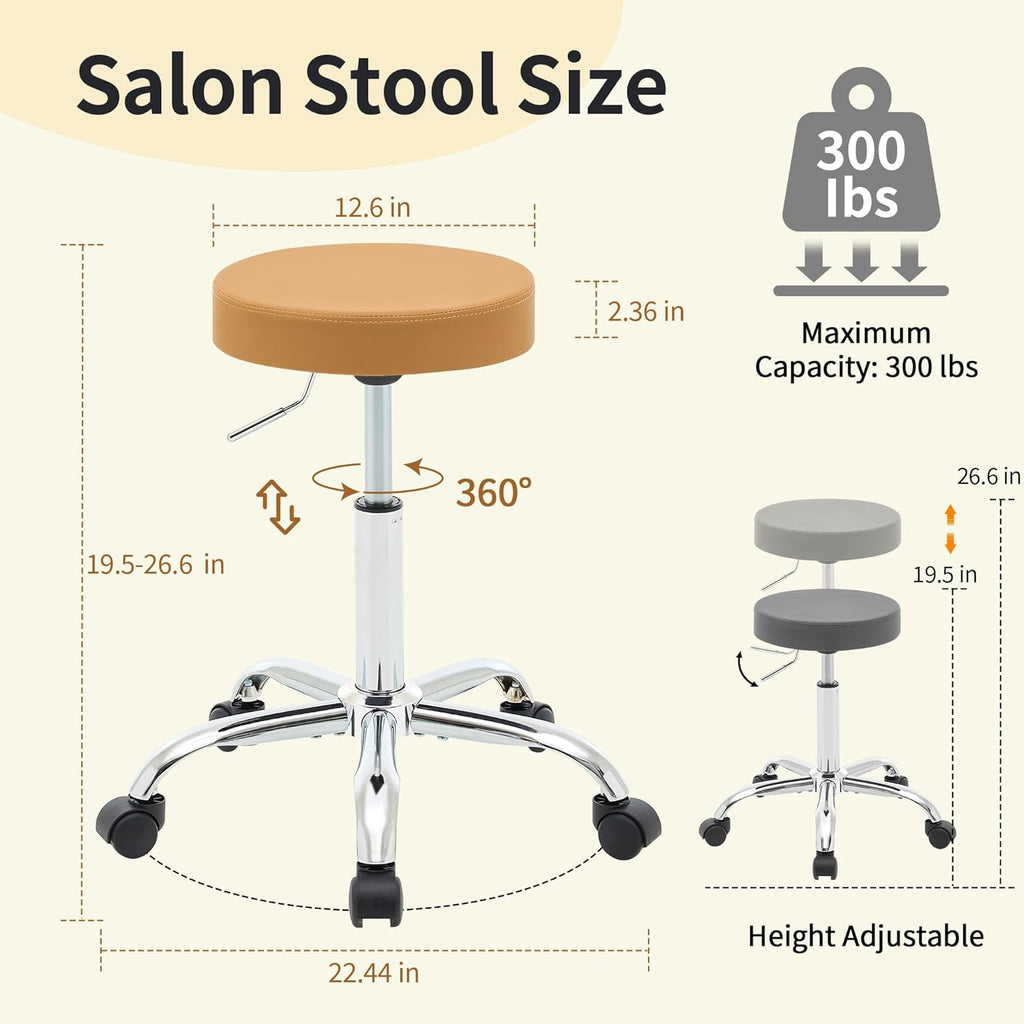 Rolling Massage Chair, Adjustable Hair Cutting Stool 19.5’’-26.6’’, Camel Brown Vanity Stool with Wheels (Camel Brown)