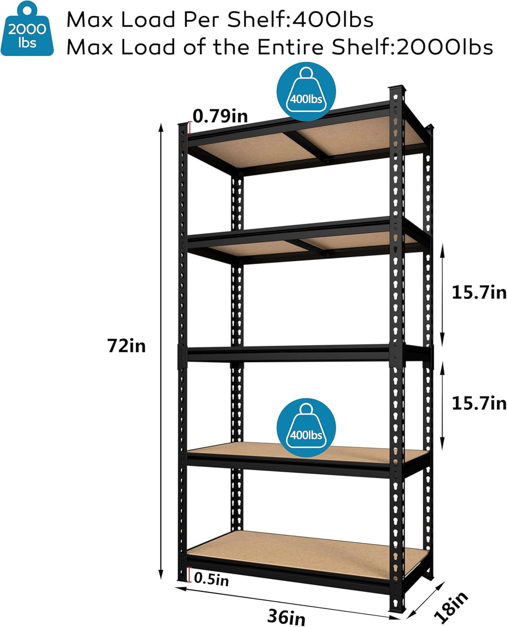 MUPATER 36" W x 18" D x 72" H Metal Storage Shelves, Heavy Duty Utility Shelf Racks, Garage Shelving Unit, 5 Tier Shelves and Adjustable Shelves for Kitchen Warehouse Garage