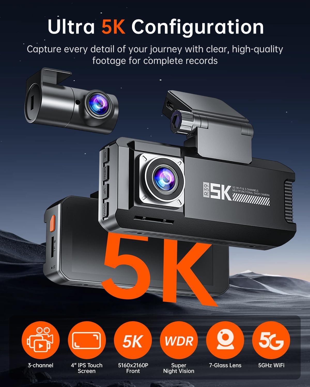 R39 Dash Cam Front and Rear,Dash Cam 3 Channel 5K with Built-in GPS & 5G WiFi.UHD 4K+1K+1K Triple Car Camera, 3.99" IPS Touch Screen, 64GB Card, Front, 24/7 Parking Monitoring for Dash Camera