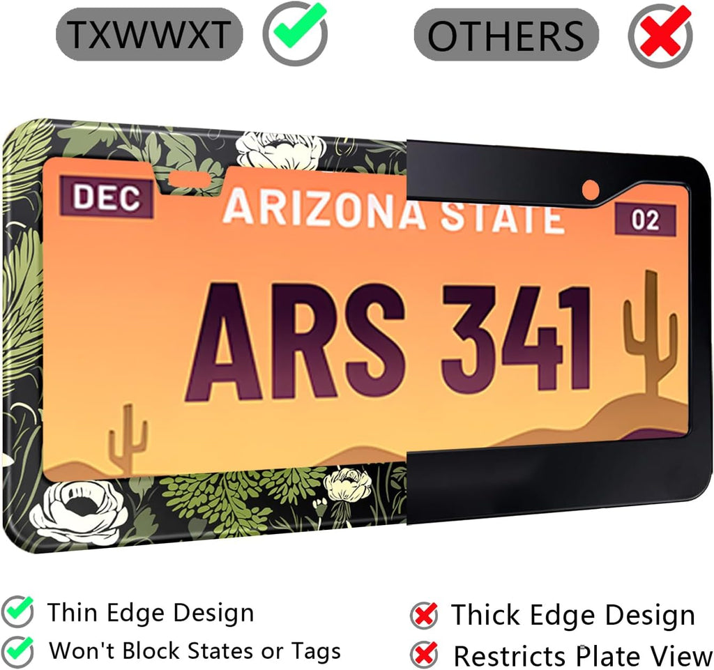 2 Pcs Sage Green Floral License Plate Frame Plant Flowers Stainless Steel License Plate Frames Holder Covers Auto Parts Decoration with Screws License Plate Holder for Car Accessories 12x6 Inch