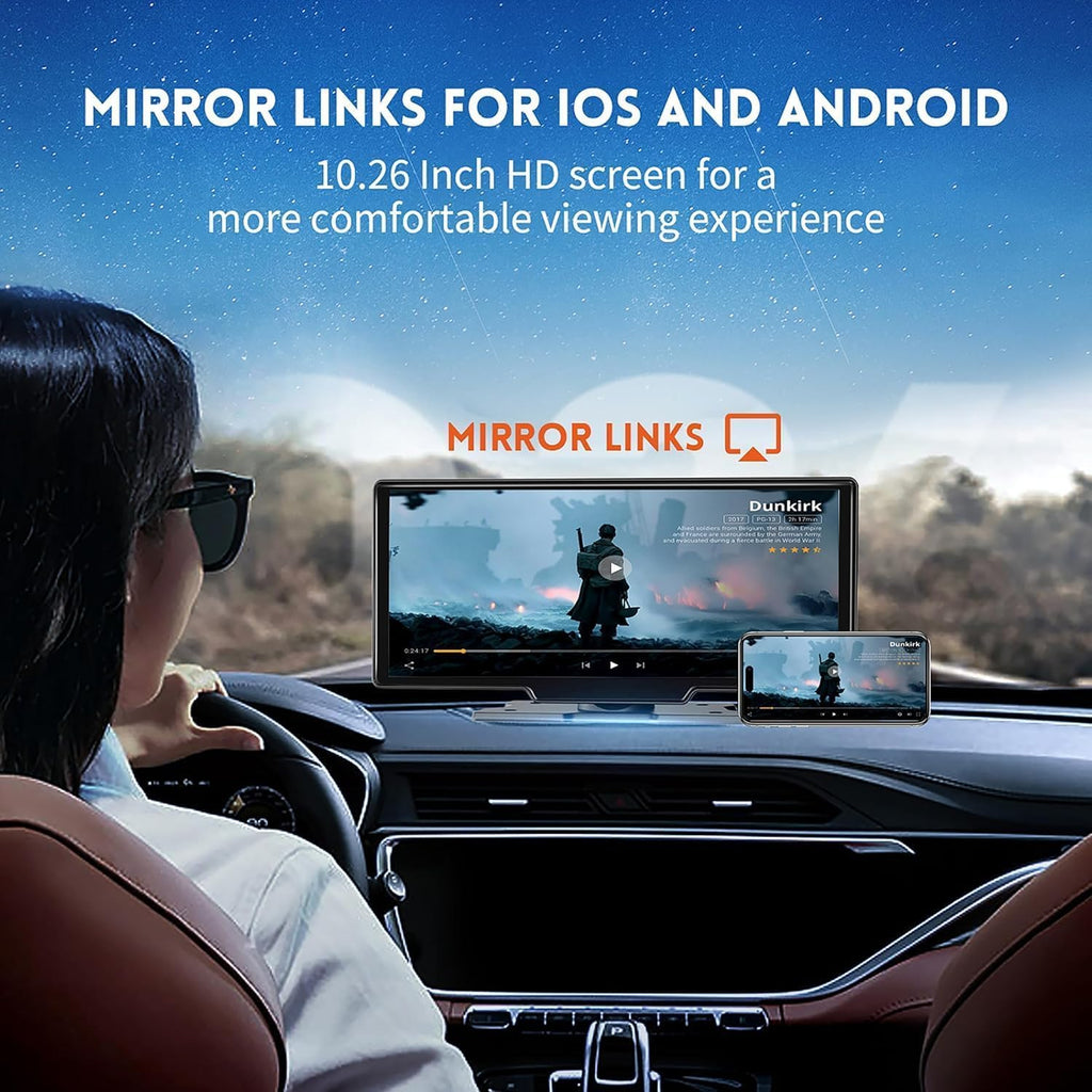 10.26" Wireless Carplay Screen, Portable Car Play & Android Auto Screen, Car Stereo with 4K Dash Cam, HD Touch Screen with 1080P Backup Camera/Mirror Link/Voice Control/GPS/AUX/FM for All Vehicles