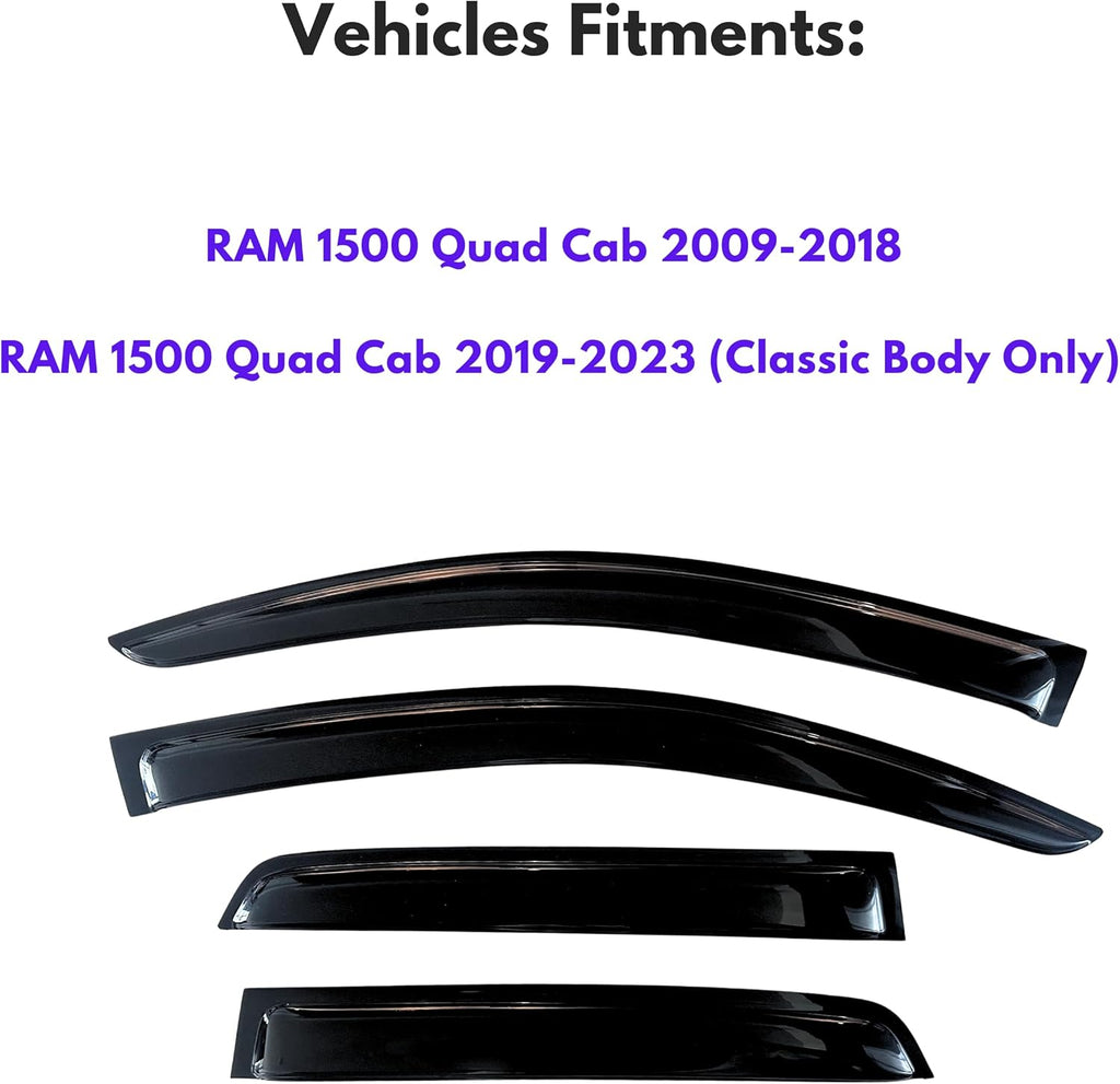KPY Window Visor Compatible with 2009-2018 Dodge Ram 1500 Quad Cab, 4PC Rain Guard Side Window Vent Deflectors Tape-On Style, 2009 2010 2011 2012 2013 2014 2015 2016 2017 2018 (Quad/Extended Cab Only)