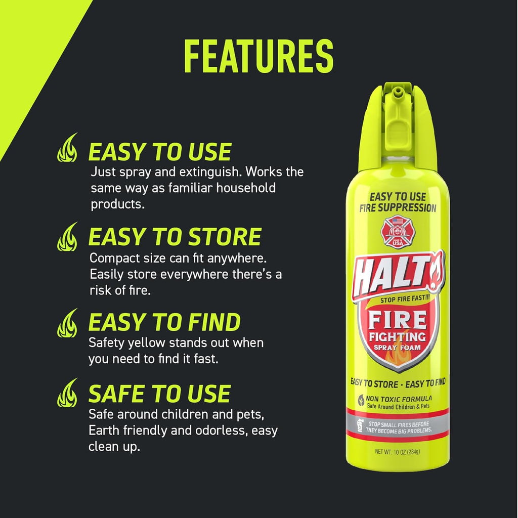 HALT! Fire Fighting Foam Spray – Non-Toxic, PFAS Free, Easy to Use, Store, and Find in Emergency – Compact & Portable – Ideal for Home, Kitchen, Apartment, Car, BBQ, Tailgate – Made in USA (4-Pack)