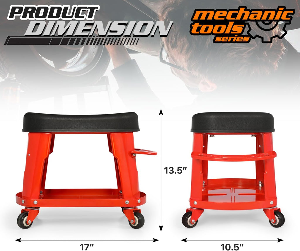 M-AUTO Heavy Duty Garage Rolling Work Seat 300LBS Capacity Mechanics Stool with Wheels, Rolling Work Seat with Equipment Tray and Tool Rack, Rectangle Seat Mechanic Roll Chair, Red