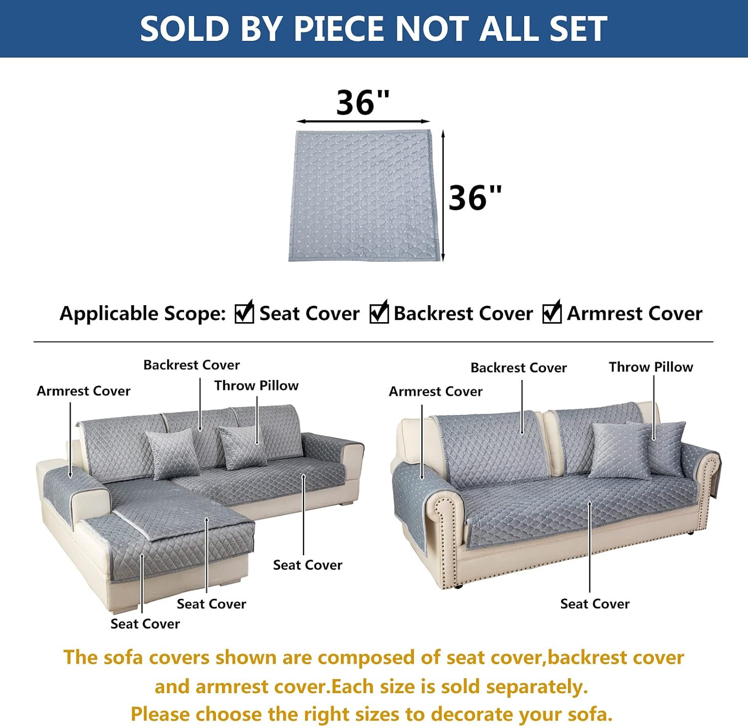 Eismodra Couch Cover,Sectional Couch Covers,Sofa Covers for 3 Cushion Couch,Anti-Slip Sofa Slipcovers for Dogs Cats Kids Loveseat Recliner L Shaped Armrest Backrest,Light Gray 36''x36''(Only 1 Piece)