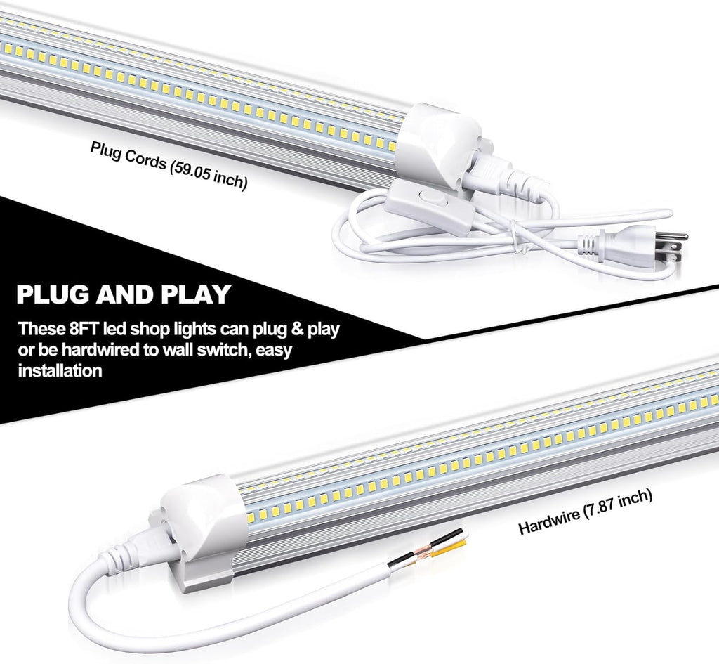 LED Shop Lights - 4FT 50W LED Light Fixture, 4 Foot High Output 7750Lumen, 6000K, Clear Cover, V-Shape Linkable, Plug and Play, T8 LED Tube Light for Garage, Workshop (10 Pack)