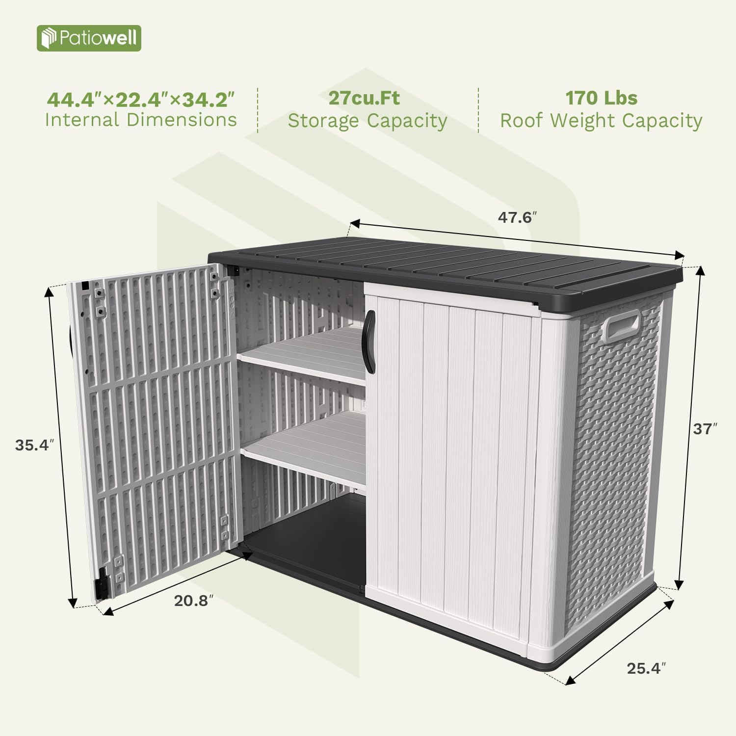 Patiowell 26 Cu.ft Plastic Outdoor Storage Shed w/o Shelf, Lockable Waterproof Horizonal Storage Cabinet Tool Box for Patio, Garden Tools, Garbage Cans, Pool Supplies, White(Not Include Shelves)