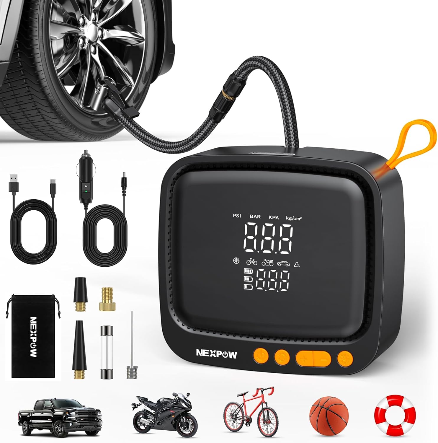 NEXPOW Tire Inflator Portable Air Compressor, 180 PSI Cordless Air Pump for Car Tires with Digital Pressure Gauge & Auto Shut-Off, Air Compressor Portable for Car, Motorcycle, Bicycle, Ball, Orange