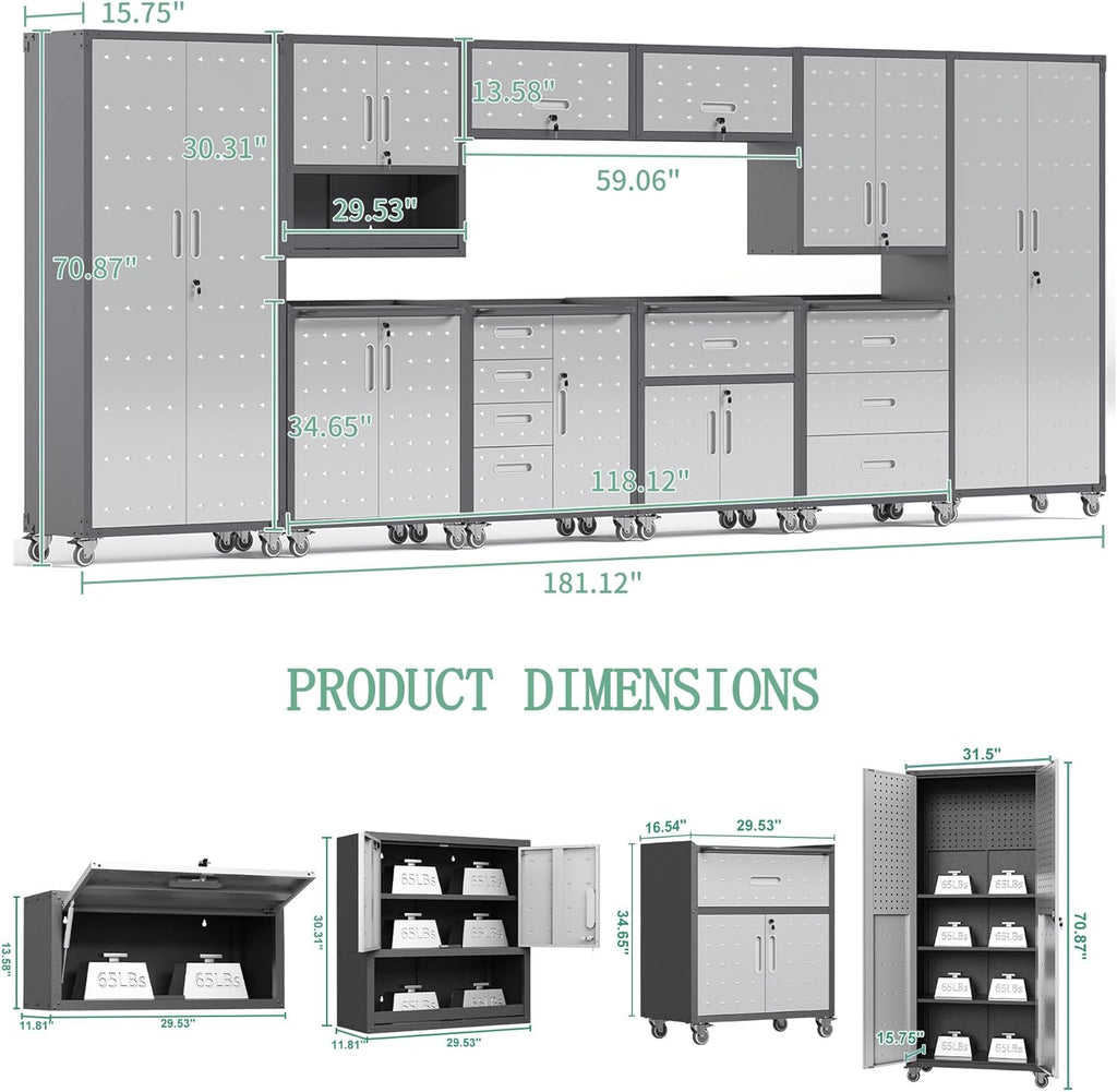 Metal Tool Cabinet,Garage Storage Cabinet System,Wall Cabinet & Locking Rolling Tool Cabinet with Doors and Adjustable Shelves,Steel Tool Cabinets for Home,Office (10 Pcs-StyleA, Black & Grey)