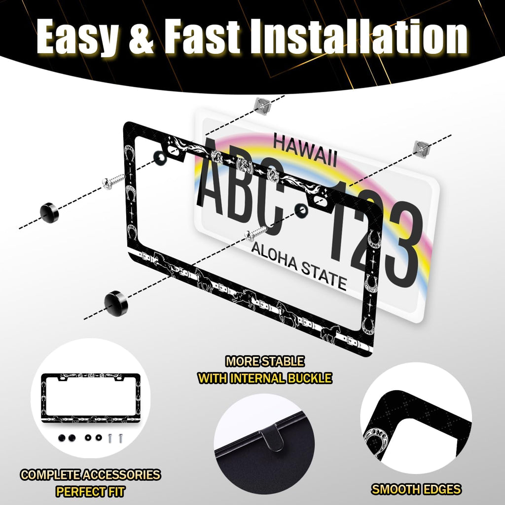 Horse License Plate Frame Horseshoe License Plate Holder for Front and Rear Car Tags Stainless Steel Auto Parts Animal Funny License Plate for Men Women Decoration with Screws 12" x 6" s