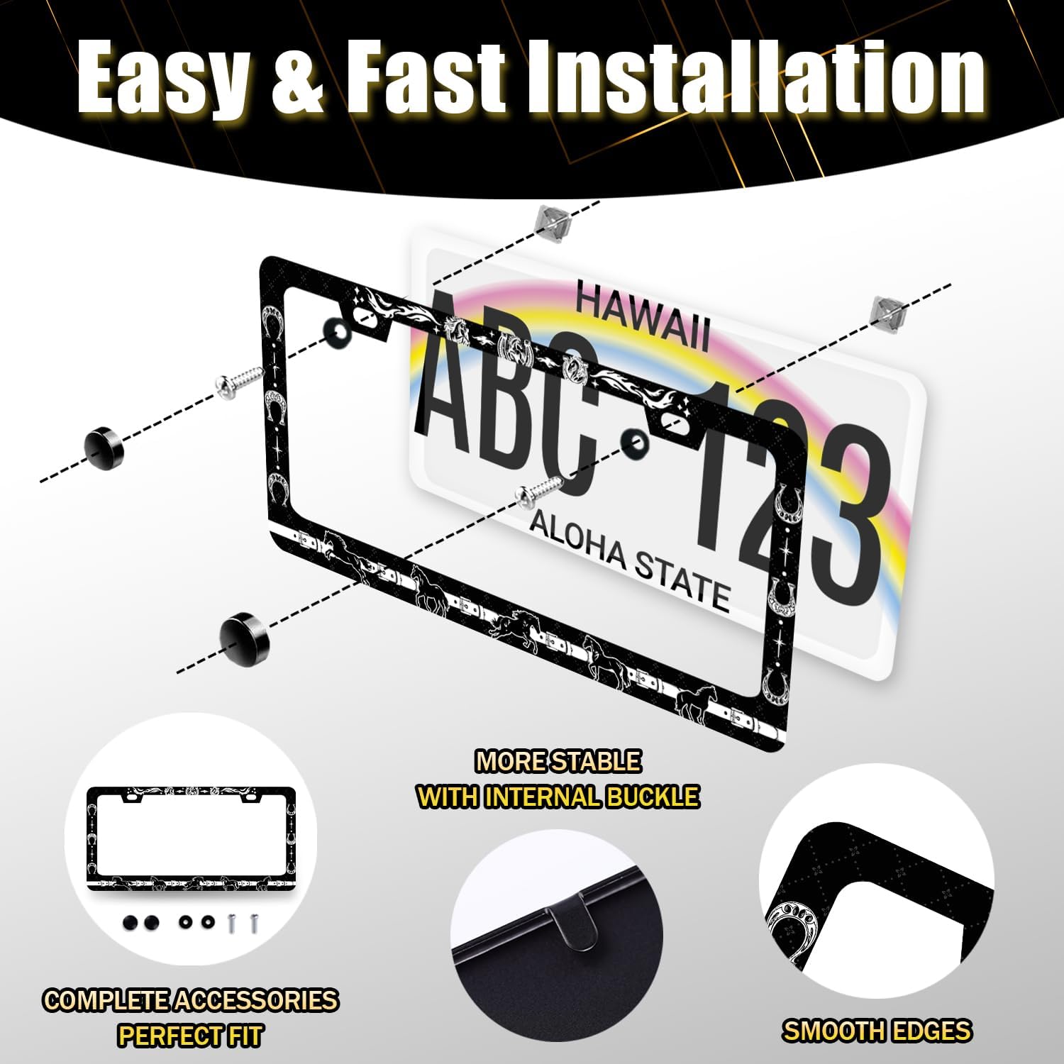Horse License Plate Frame Horseshoe License Plate Holder for Front and Rear Car Tags Stainless Steel Auto Parts Animal Funny License Plate for Men Women Decoration with Screws 12" x 6" s