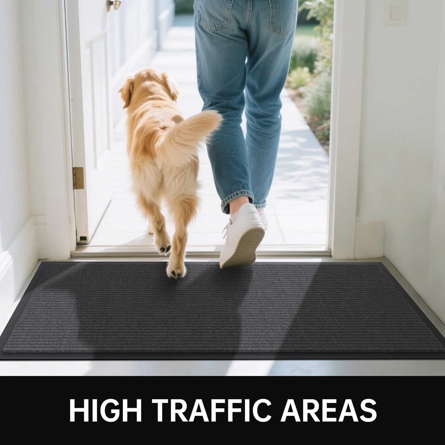 Front Door Mat, 4' x 8' Heavy Duty Indoor Outdoor Door Mat for Entryway, Commercial Door Mats Entrance, Low Profile Welcome Mats Non-Slip, Durable Rubber Backing Entry Mat for Patio, Home