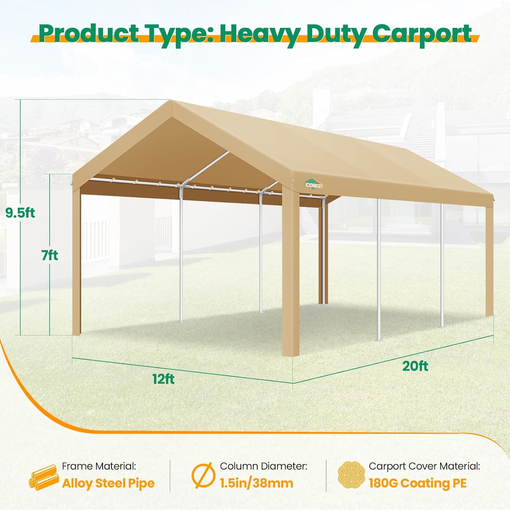 COBIZI Carport Canopy 12x20 Heavy Duty Car Tent Garage, Galvanized Frame Car Canopy Outdoor Shelter Waterproof & UV Protected with Built-in Sandbags & All-Season Tarp for Car Boat Truck, Khaki