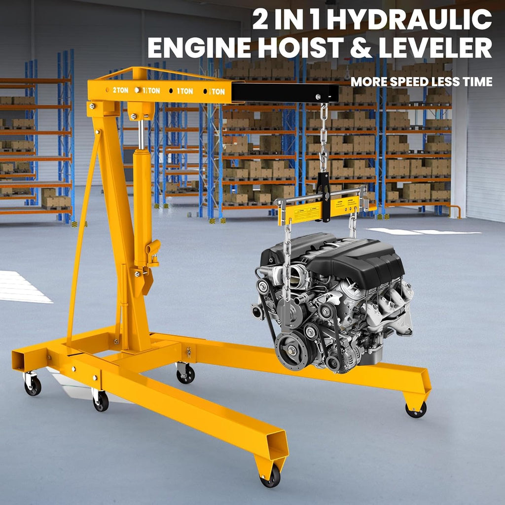 2-Ton Folding Hydraulic Engine Hoist with Lever, Heavy-Duty Engine Crane Cherry Picker with 6 Casters, Shop Lift for Garage, Workshop & Warehouse, Yellow