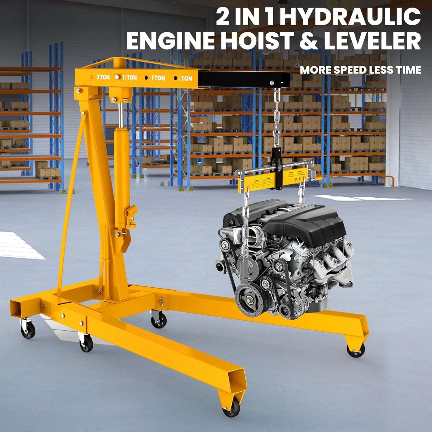 2-Ton Folding Hydraulic Engine Hoist with Lever, Heavy-Duty Engine Crane Cherry Picker with 6 Casters, Shop Lift for Garage, Workshop & Warehouse, Yellow