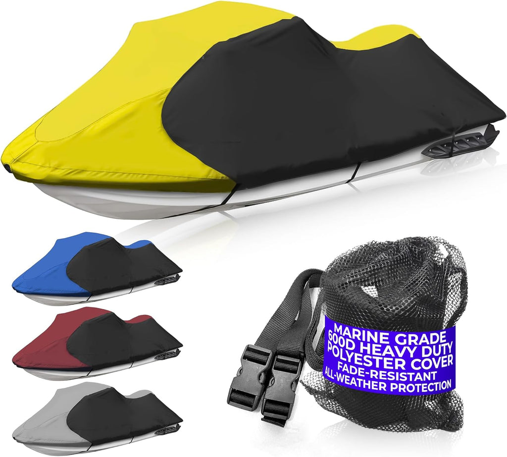 Trailerable Jet Ski Cover, Waterproof Marine Grade 600D Heavy Duty Polyester PWC Cover Yellow/Black Color Fits Stand-up Jet Ski