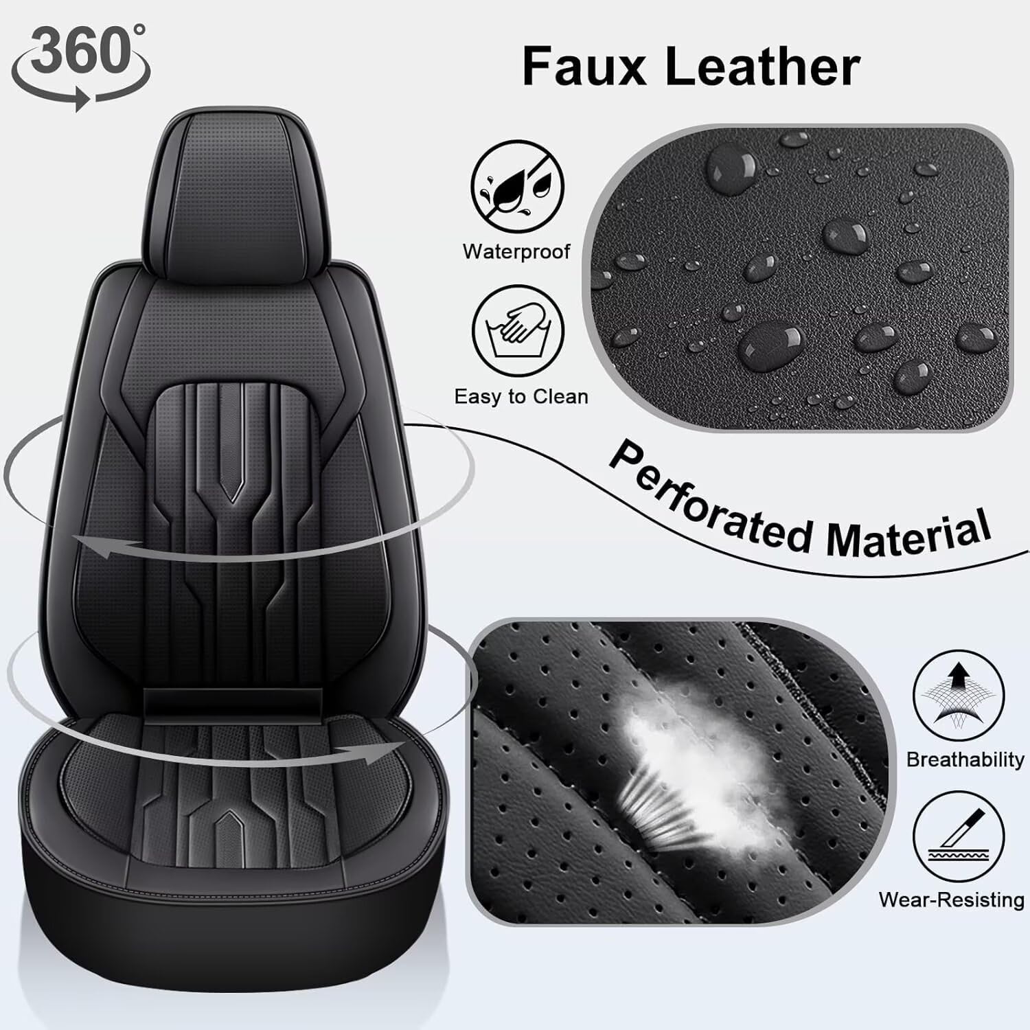 YORKNEIC Fit for Hyundai Kona Seat Covers 2018-2025: Leather Waterproof Car Seat Covers Anti-Slip Protector 2 Front Set (2 Seats, Black)