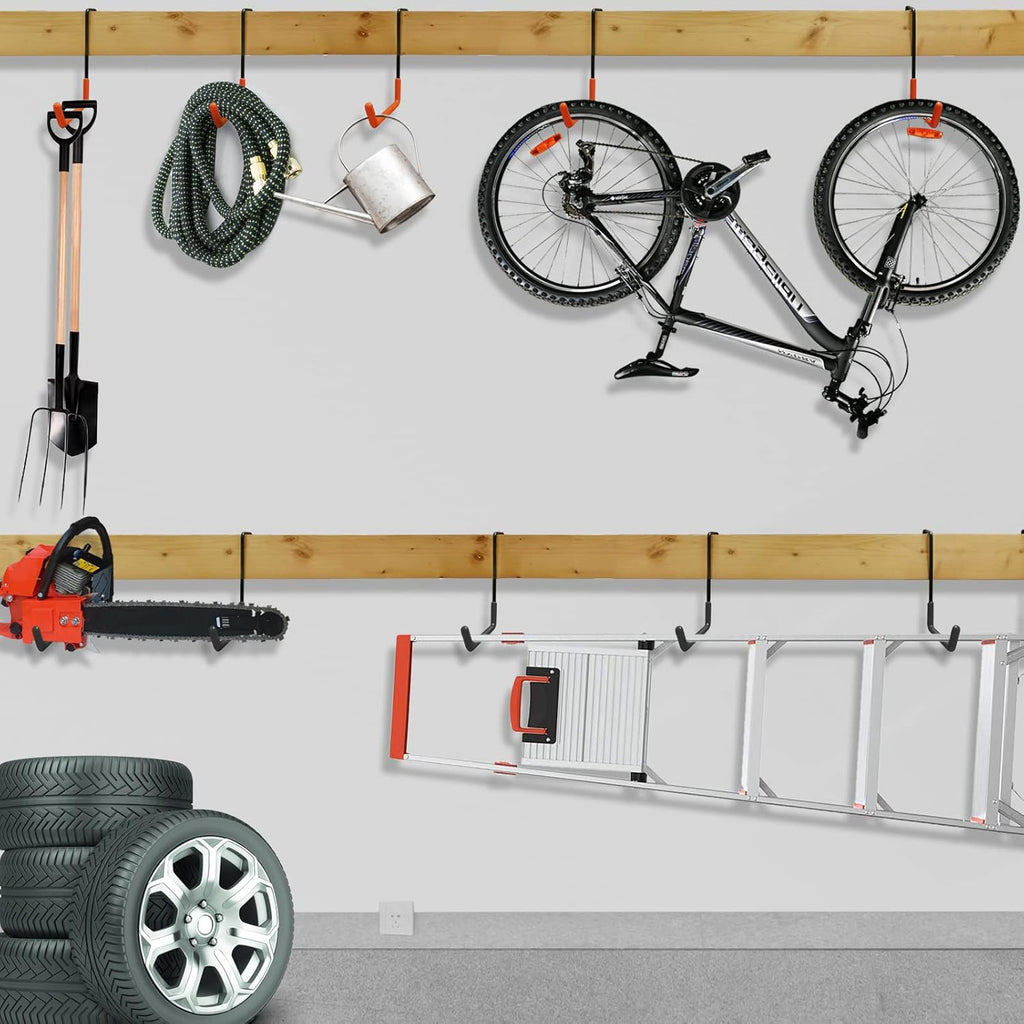 Rafter Hanger Large S Garage Hooks Bike Storage System Holder Organizer, with Non Slip Coating, for Organizing Hanging Basket, Ladders,Bicycle Wheel,Ropes and Bulk Items (12Pack, Orange)