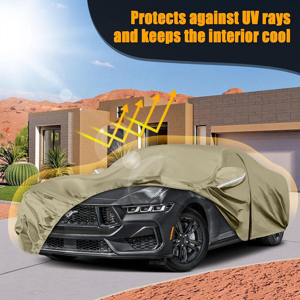 Waterproof Car Covers Replace for 1994-2025 Ford Mustang, Multilayer Heavy Duty with Cotton Liner All Weather Custom-fit Car Cover with Zipper Door, Windproof Bands for Snow Rain Dust Protection