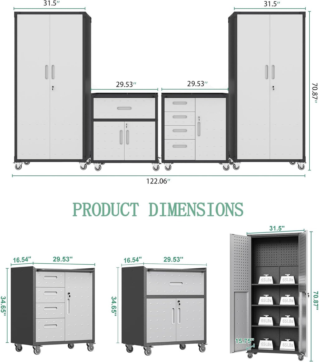 Metal Tool Cabinet,Garage Storage Cabinet System,Wall Cabinet & Locking Rolling Tool Cabinet with Doors and Adjustable Shelves,Steel Tool Cabinets for Home,Office (4 Pcs-StyleB, Black & Grey)
