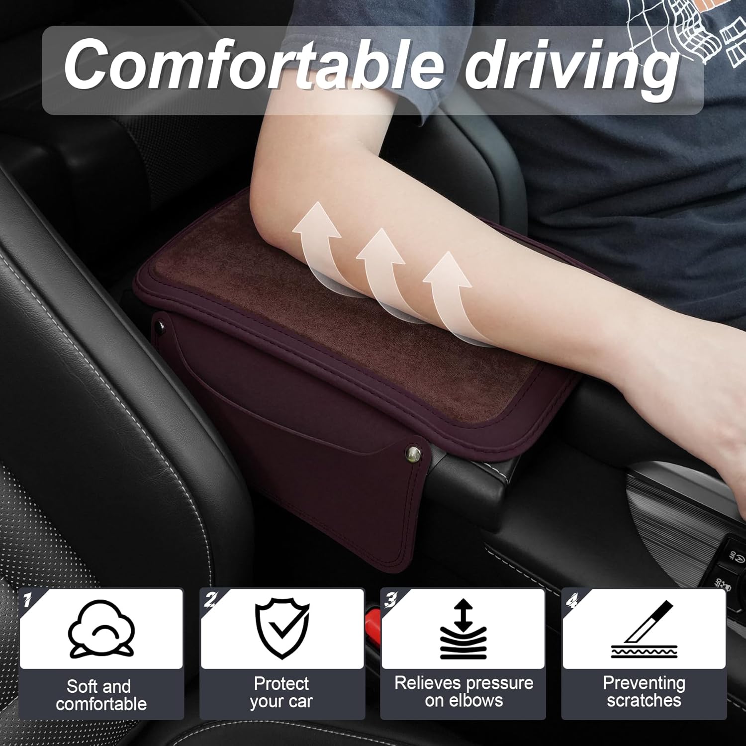 SINGARO Car Leather Center Console Cover with 2 Storage Bags, Universal Furry Fluffy Car Armrest Seat Box Pad, Comfortable Car Interior Accessories, Fits for Most Vehicles (Brown)