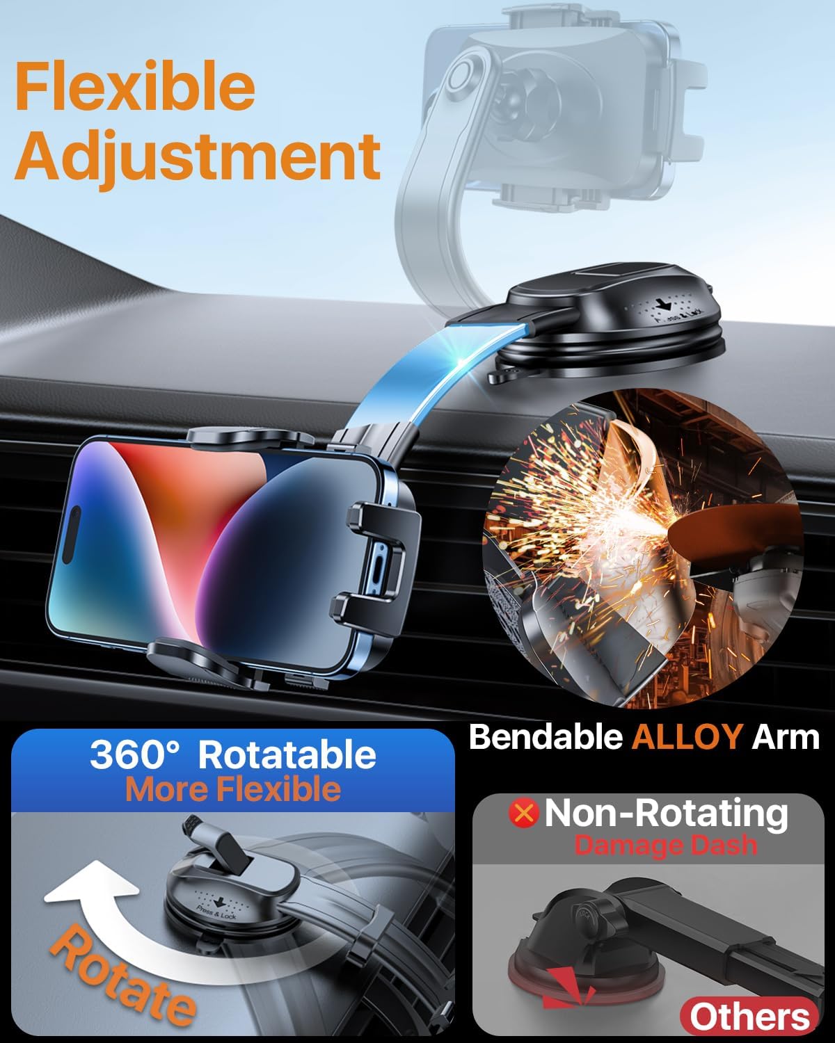 HTU Upgraded Strongest Suction Car Phone Holder Bendable Arm, Never Block View Rotatable Cellphone Mount for Dashboard Windshield Vent, Cradle Stand for iPhone 16 15 14 13 12 Pro Max (Grape Purple)