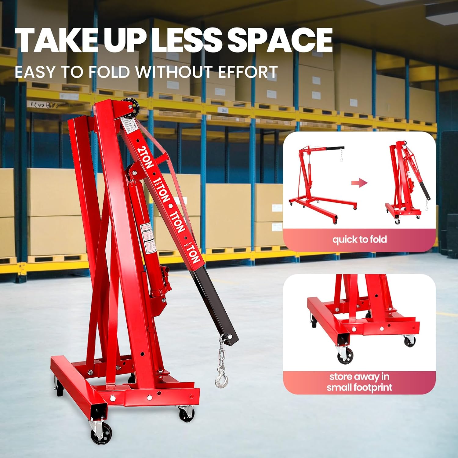 2 Ton Folding Engine Hoist, 4400lbs Hydraulic Cherry Picker Engine Hoist with 6 Casters, Heavy Duty Engine Lift for Garage, Workshop, Automotive Repair (Red)