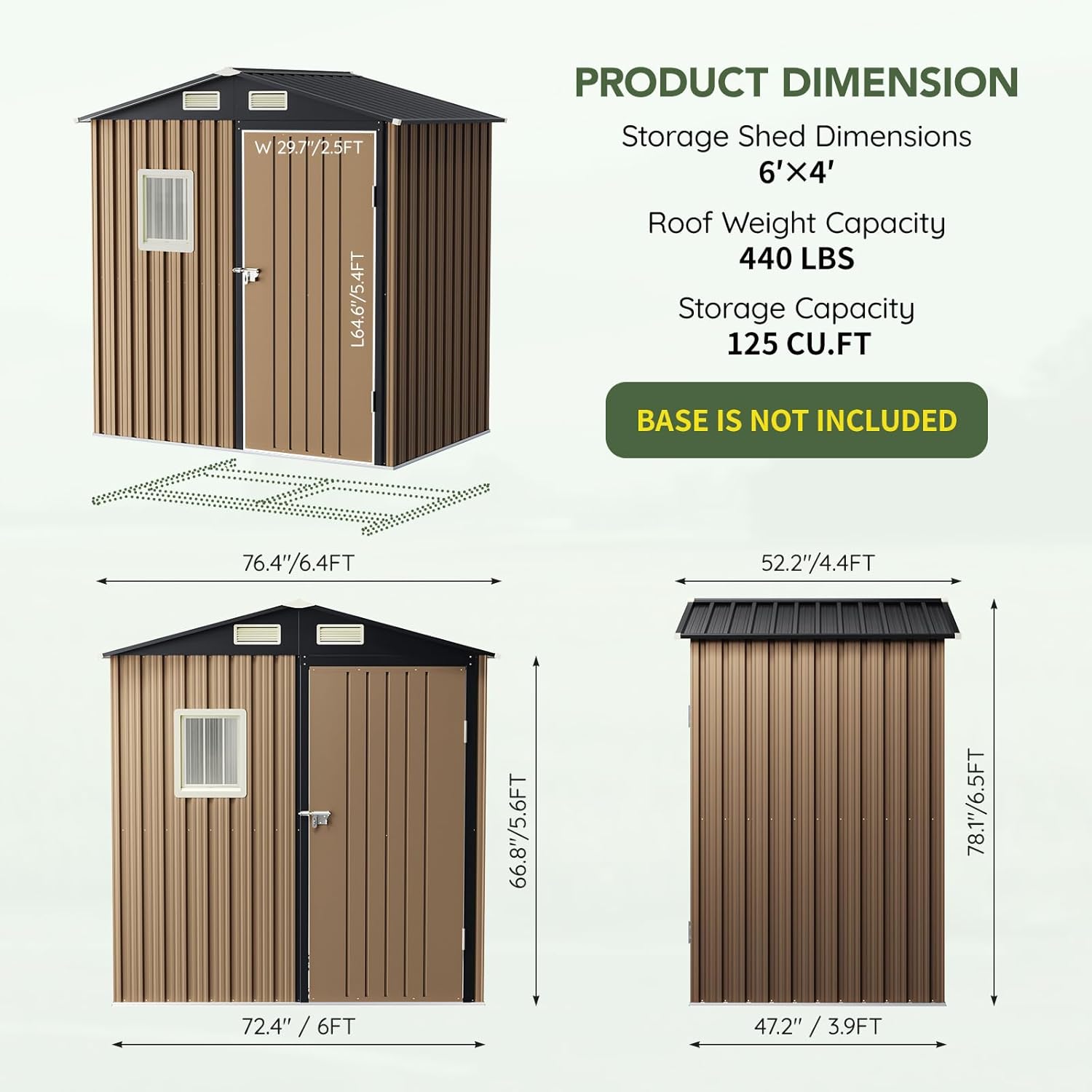 6x4 FT Outdoor Metal Storage Shed, Single Door, 1 Clear Window, Tool Shed for Garden, Patio, Backyard Brown