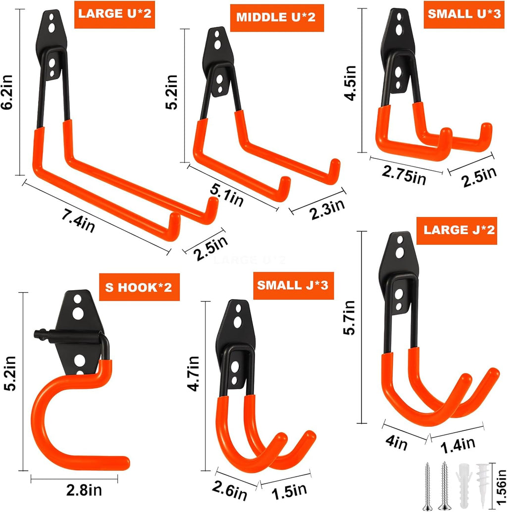 Steel Garage Hooks Wall Tool Organizer, 14 Pack Garage Storage Hook Heavy Duty Utility Storage Hangers Orange for Ladders, Ropes, Garden Tools