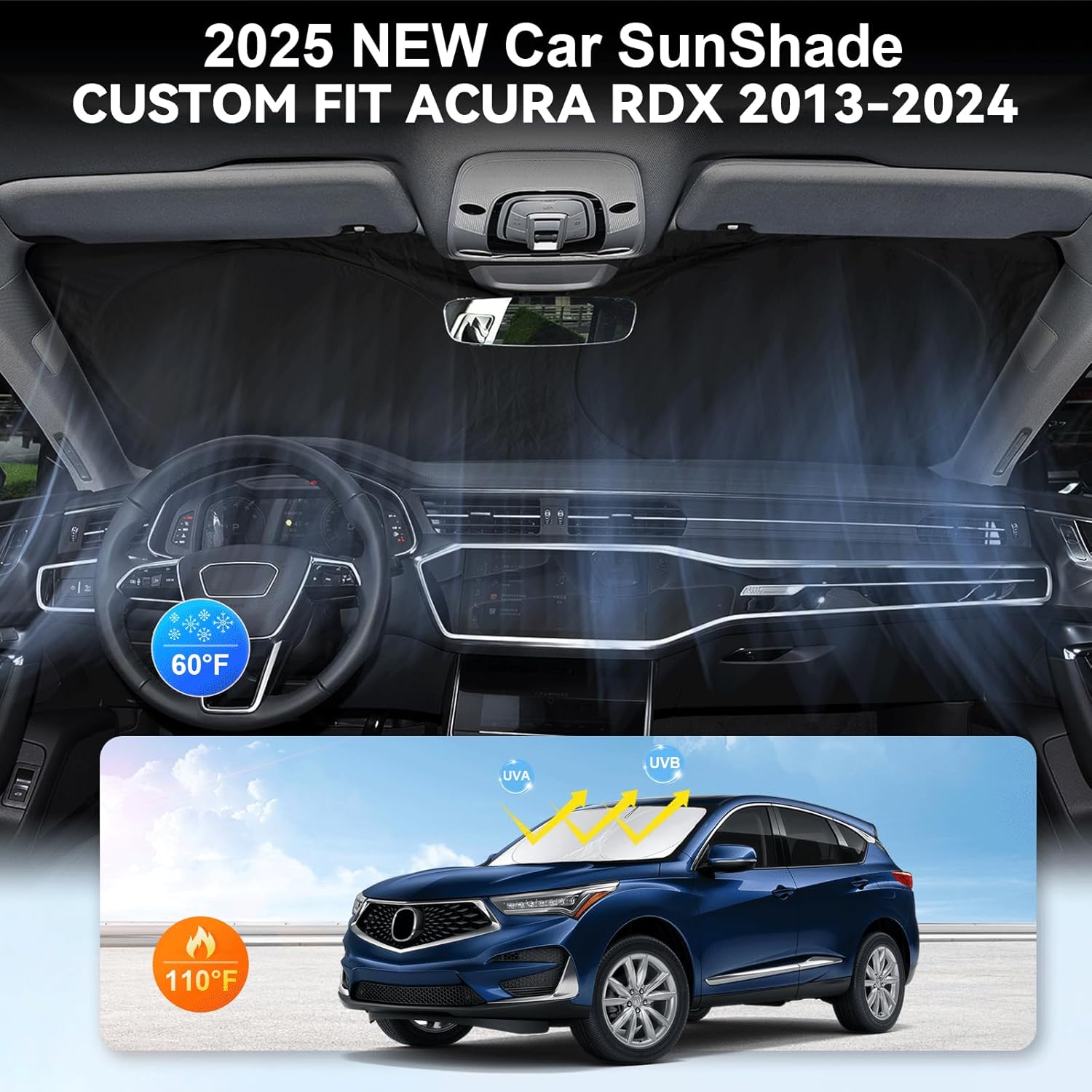 Windshield Sunshade for Acura RDX 2013 2019-2023 2024 2025 2026 210T 2-Layer Front Window Shades Cover for Windshield Sun Visor Screen Protector 210T Reflective Blocks UV Rays Cool Car Accessories