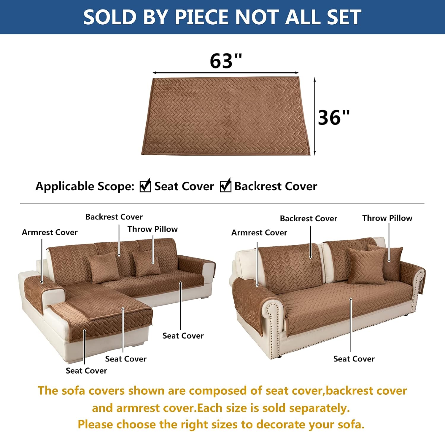 Eismodra Couch Cover,Sectional Couch Covers,Sofa Covers for 3 Cushion Couch,Anti-Slip Sofa Slipcovers for Dogs Cats Kids Loveseat Recliner L Shaped Armrest Backrest,Brown 36''x63''(Only 1 Piece)
