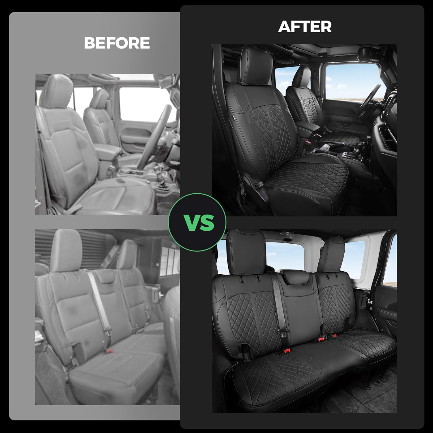 for Jeep Wrangler Seat Covers 4Door JL 2018 2019 2020 2021 2022 2023 2024 2025, Custom Fit Car Seat Cover Full Set, Luxury Waterproof Leather Seat Protectors, Black, W/O Rear Cup Holder