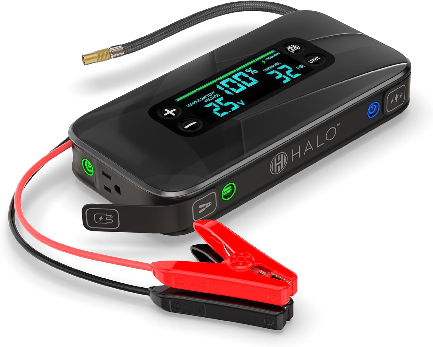 HALO Bolt Ultimate 3 Portable Car Battery Jump Starter | 130 PSI Air Compressor, 55.5Wh USB Power Bank, Large Display, Emergency Floodlight & Charger, Jumps Cars SUVs & Trucks, Inflates Tires — Black